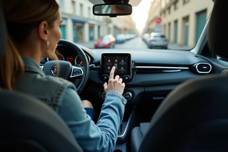 Femme activant le bluetooth sur l'écran du tableau de bord d'une Renault Clio 3