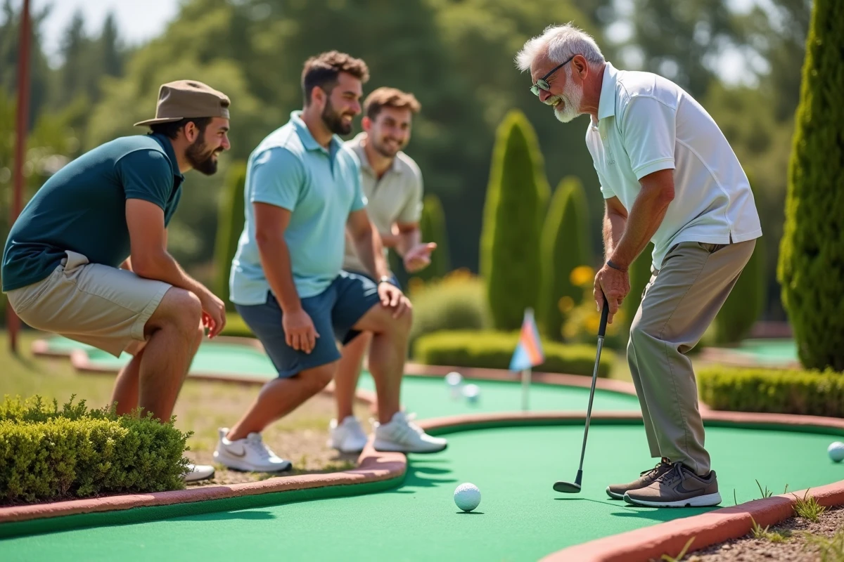 Père et groupe d'amis du marié jouant au mini-golf en plein air lors d'une activité d'enterrement de vie de garçon détendue