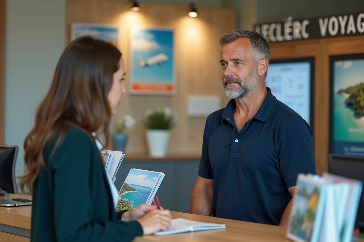 Client en discussion avec un conseiller de l'agence Leclerc Voyages pour réserver un départ de dernière minute depuis Nantes