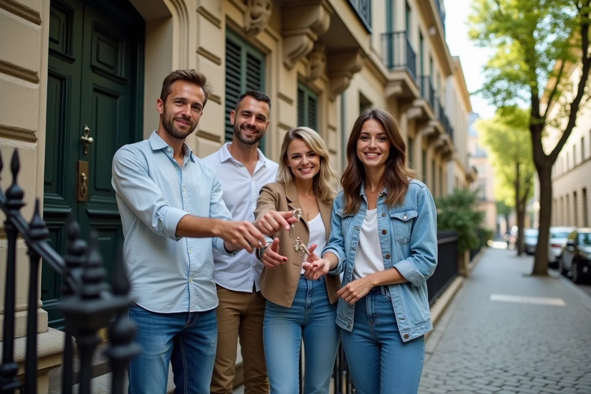 Groupe d'amis tenant les clés d'une maison achetée en commun grâce à un prêt immobilier collectif