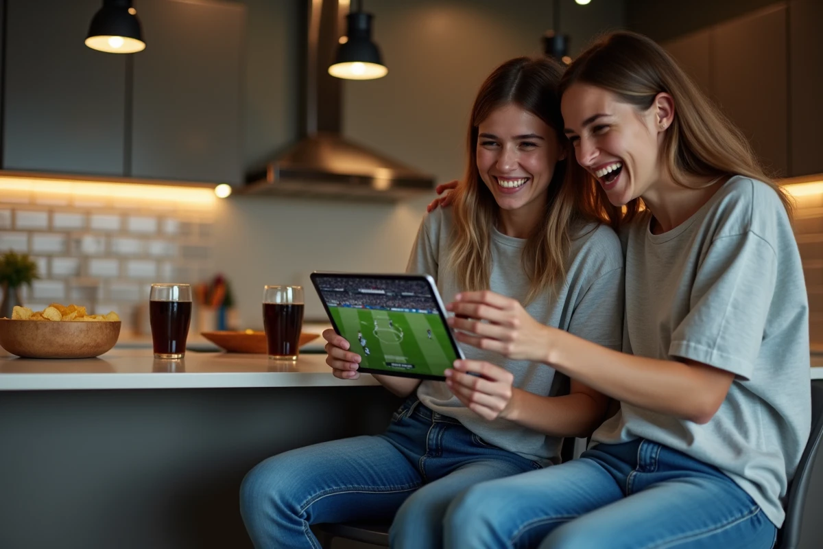 Deux amis regardant ensemble un match de football en streaming légal sur une tablette dans une cuisine moderne