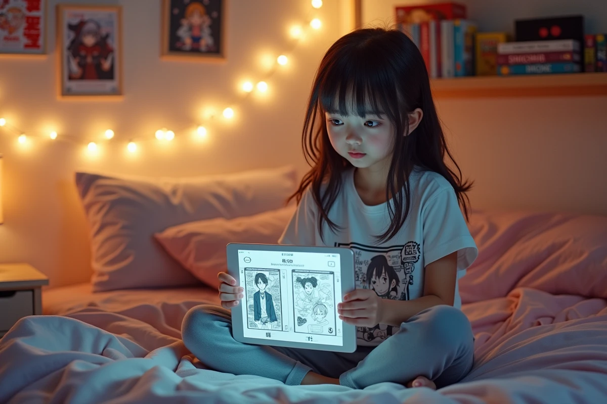 Adolescente utilisant une application manga sur tablette comme alternative aux sites de scan fermés
