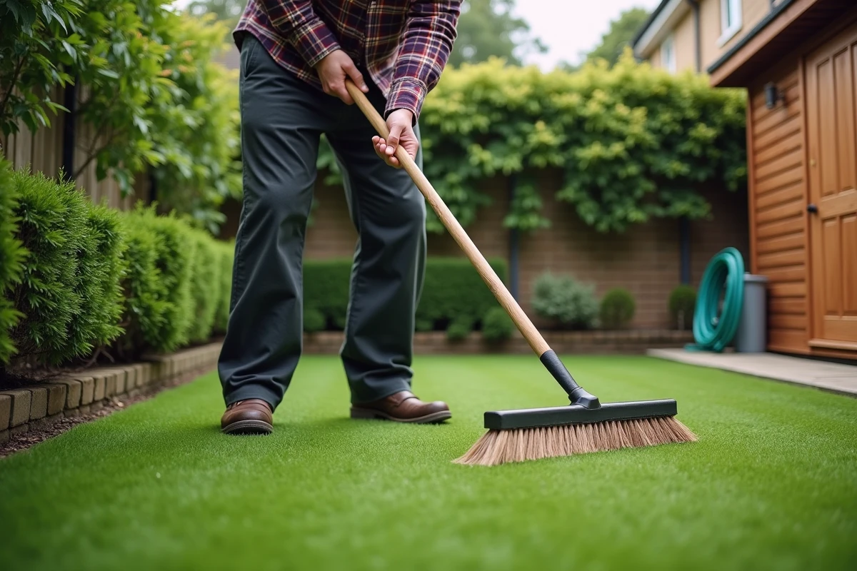 Homme brossant et lissant les fibres d'un gazon synthétique nouvellement posé dans un jardin résidentiel