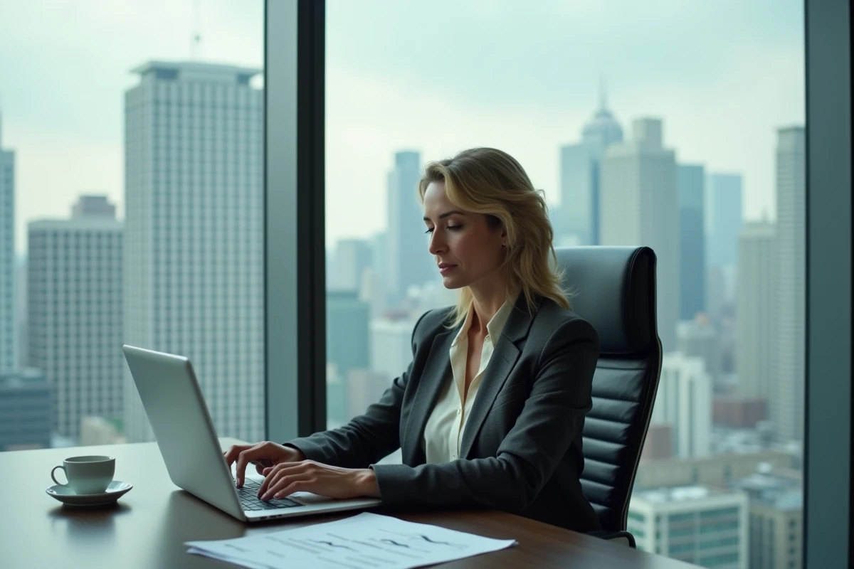 Femme d'affaires prospère assise à un bureau exécutif dans un bureau moderne en hauteur, symbolisant la réussite financière de Candy Marer