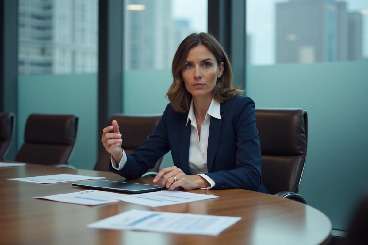 Femme d'affaires en réunion dans une salle de conférence moderne, évoquant le parcours professionnel et la carrière de Candy Marer