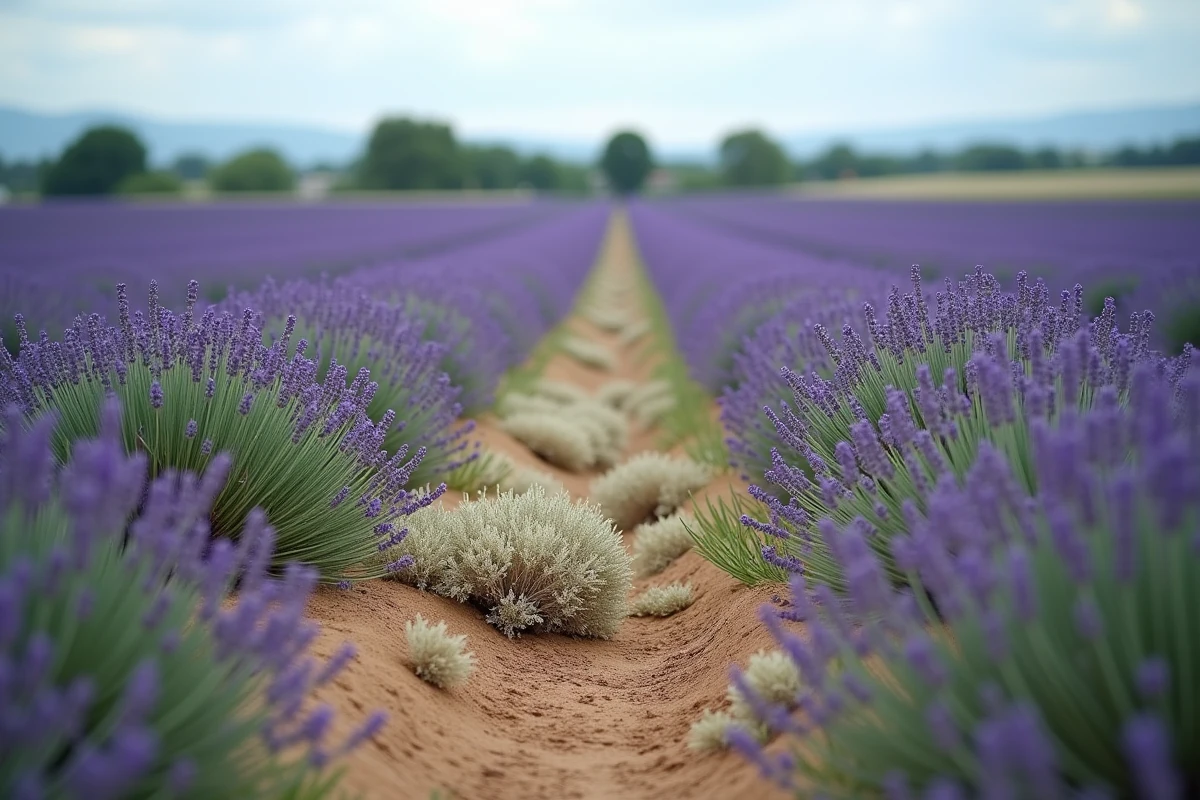 Vista grandangolare di un campo di lavanda con zone di piante colpite da marciume radicale visibile tra le file sane