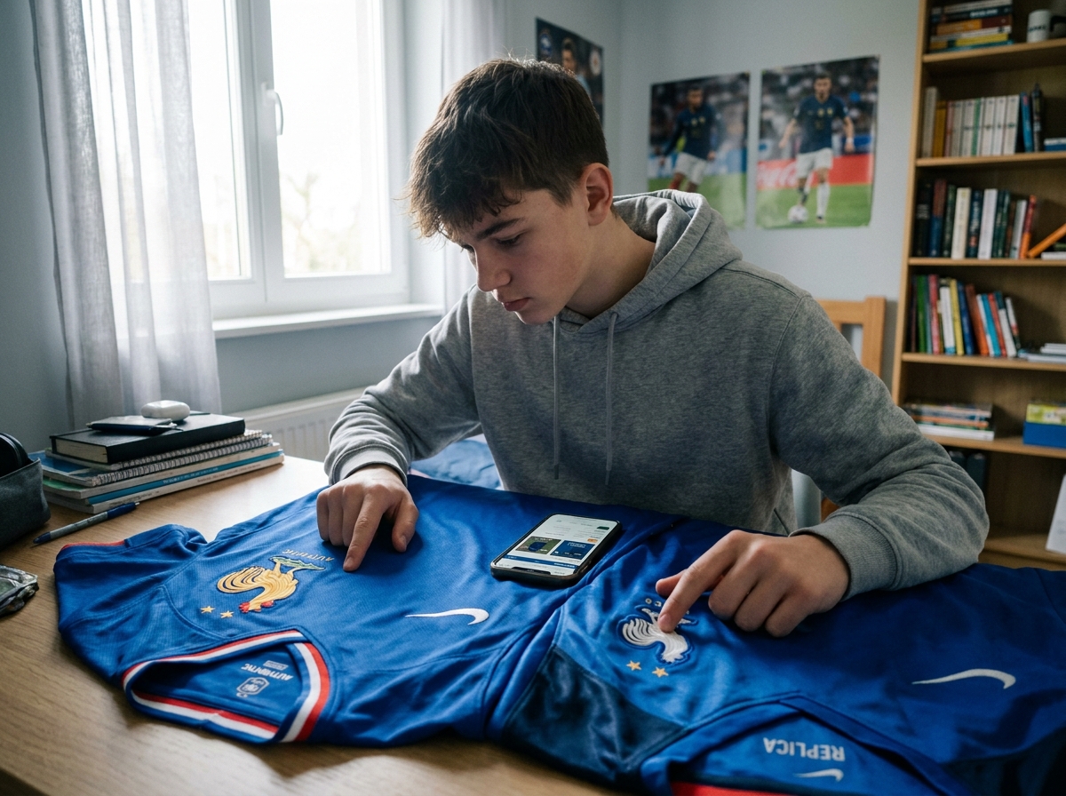 Adolescent comparant deux versions du maillot de l'équipe de France, authentique et réplique, sur un bureau en bois