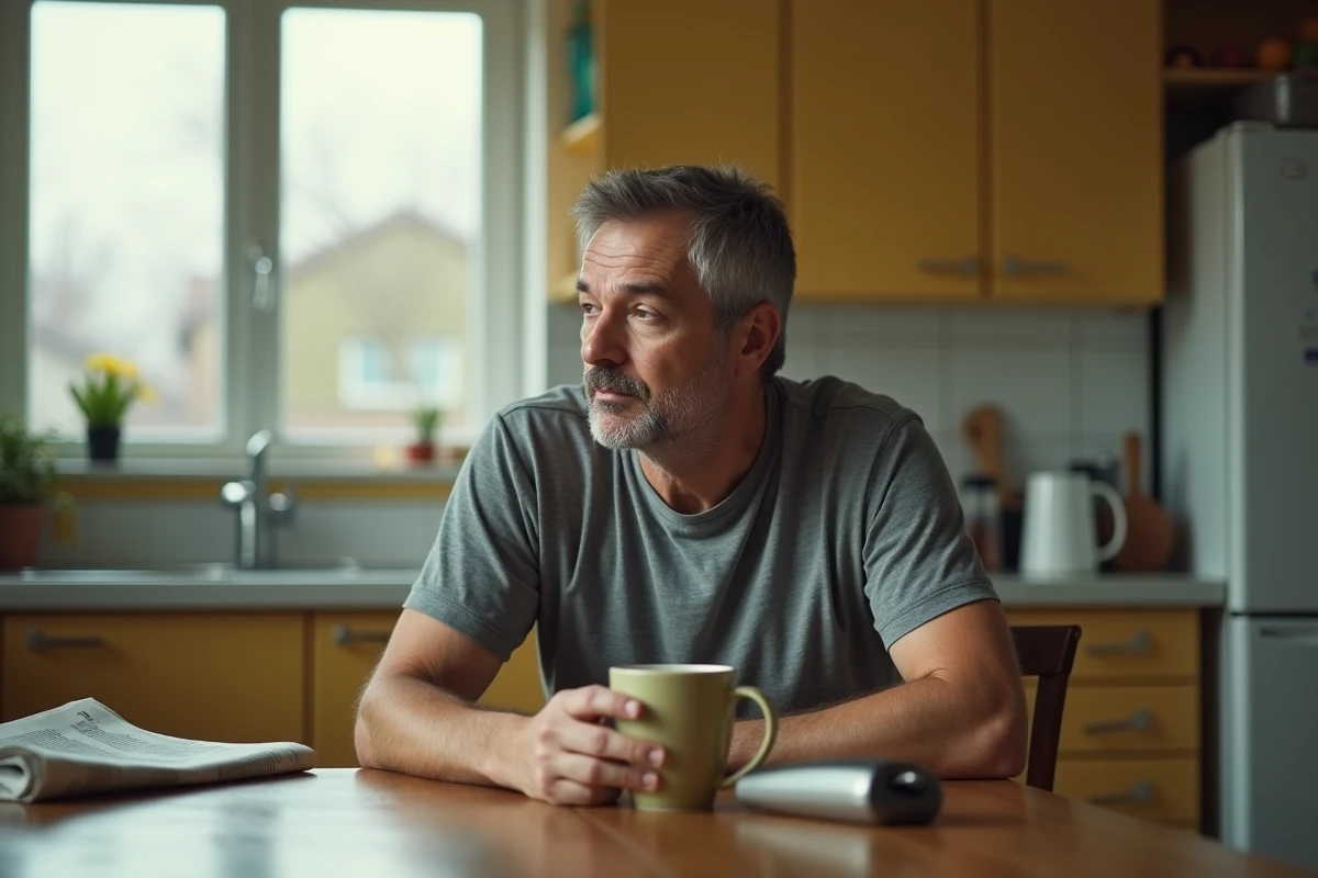 Homme d'âge moyen seul dans sa cuisine, illustrant les comportements répétitifs liés à la palilalie