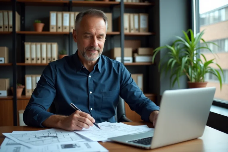 Comptable examinant des documents fiscaux liés à un bien immobilier à usage mixte dans un bureau professionnel
