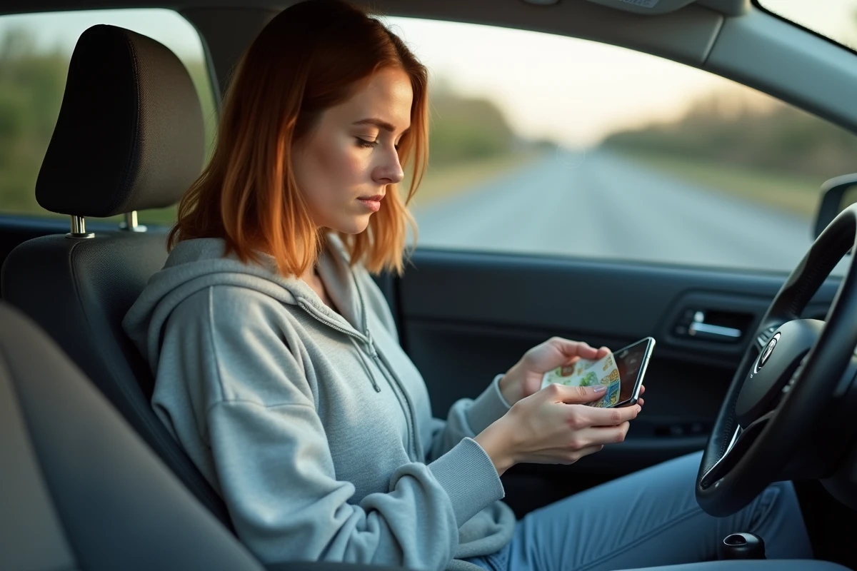 Femme comptant des espèces à bord d'une voiture de covoiturage, paiement en liquide entre passager et conducteur