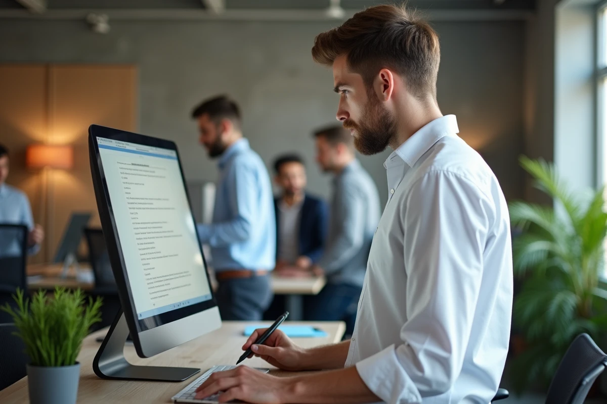 Jeune homme lisant les conditions d'utilisation d'une plateforme de téléchargement sur un écran d'ordinateur dans un espace de coworking