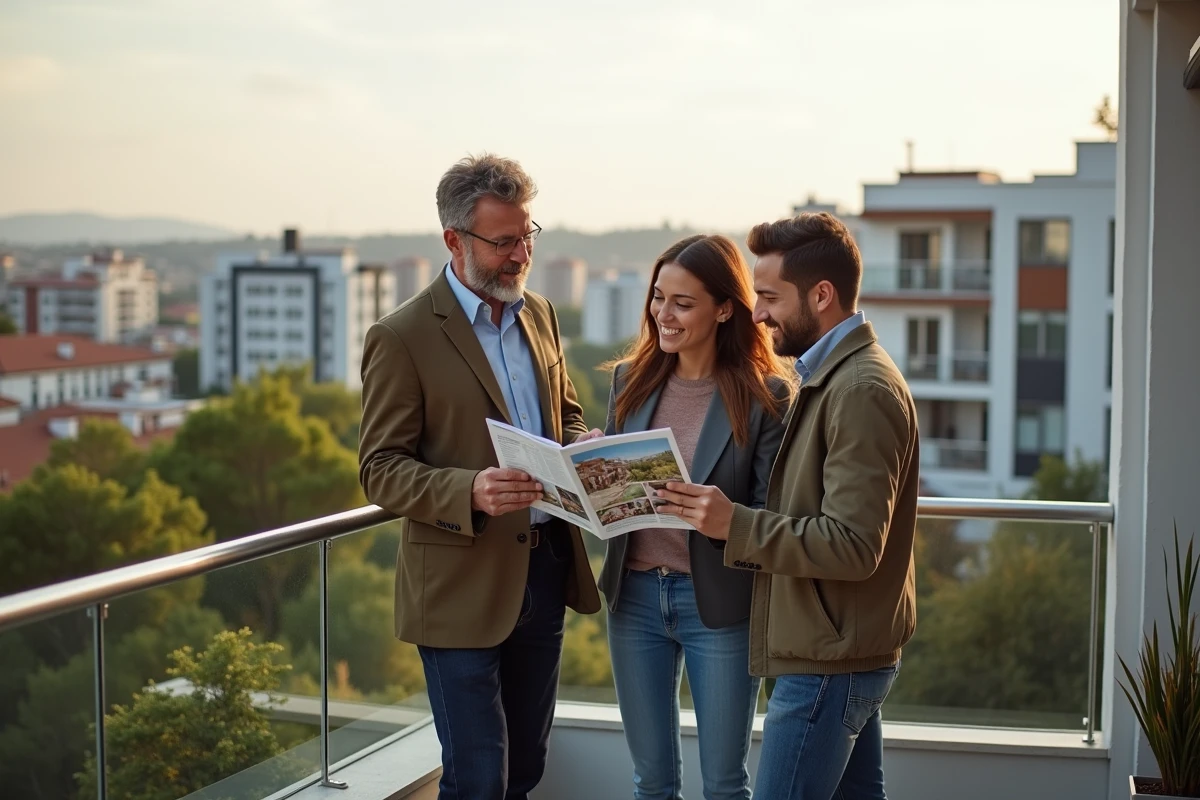 Couple souriant sur balcon avec brochure immobiliere