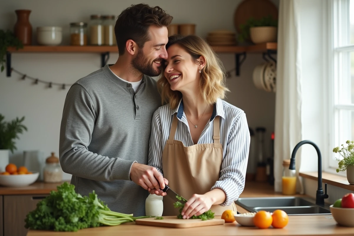 Un couple complice dans une cuisine moderne, l'homme murmurant à l'oreille de sa partenaire, illustrant l'usage affectueux de l'expression 'ma belle' au quotidien