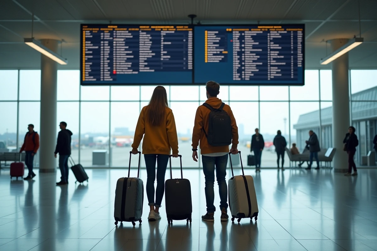 Couple avec bagages à main devant le tableau des départs de l'aéroport Nantes Atlantique, prêt pour un voyage de dernière minute