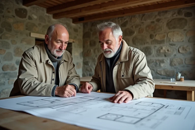 Couple examinant des plans architecturaux dans une maison en pierre bretonne en cours de rénovation