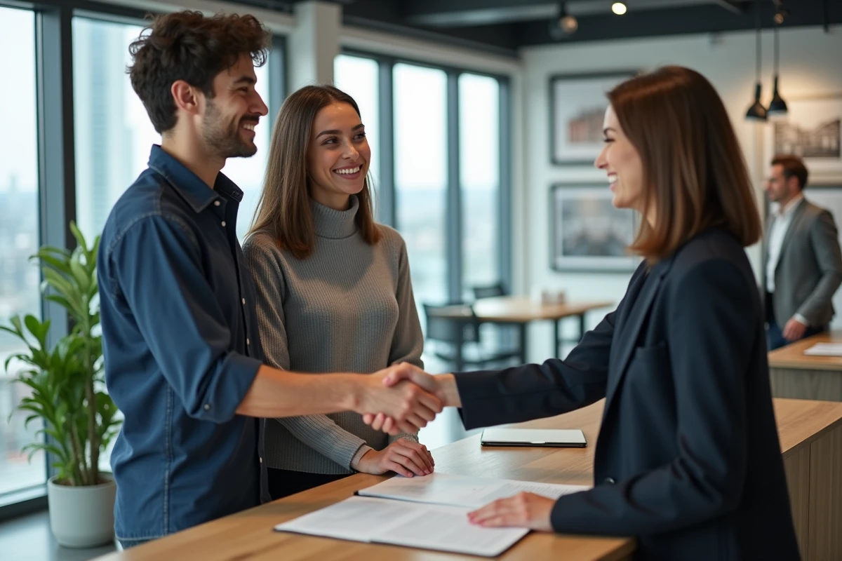 Couple de jeunes adultes signant un accord de prêt immobilier avec un conseiller en agence immobilière