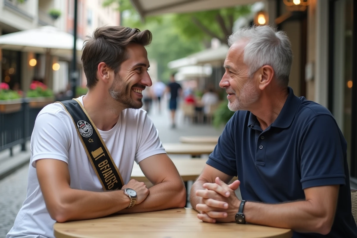 Futur marié en écharpe de mariée discutant sérieusement avec son père autour d'un café en terrasse avant l'enterrement de vie de garçon