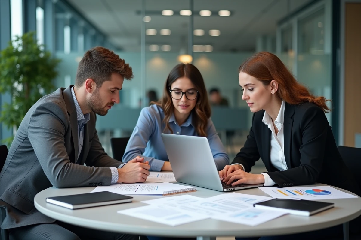 Équipe professionnelle analysant une stratégie marketing basée sur la méthode 8P autour d'une table de réunion