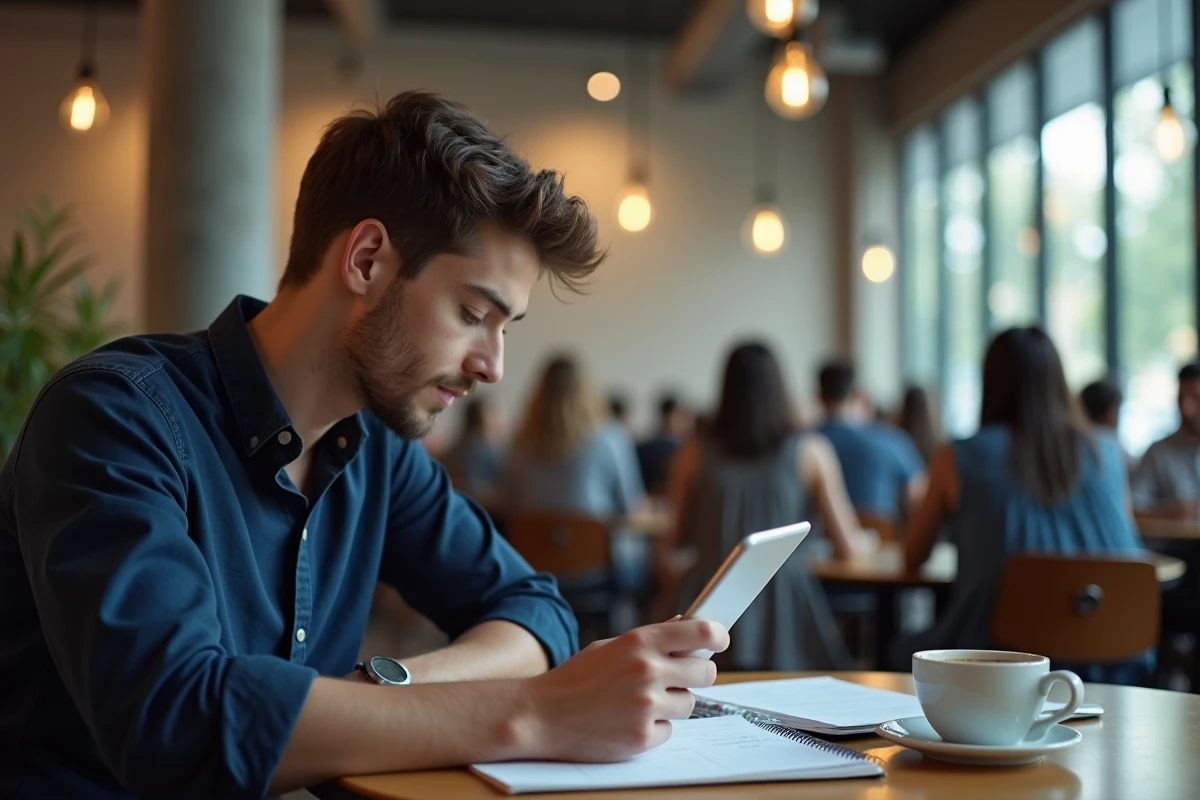 Étudiant consultant le portail ENT CESI sur une tablette dans la cafétéria du campus