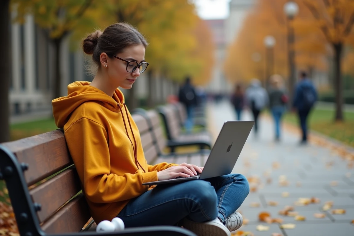 Estudante acompanhando a atualidade local e internacional em tempo real em um laptop ao ar livre em um campus universitário