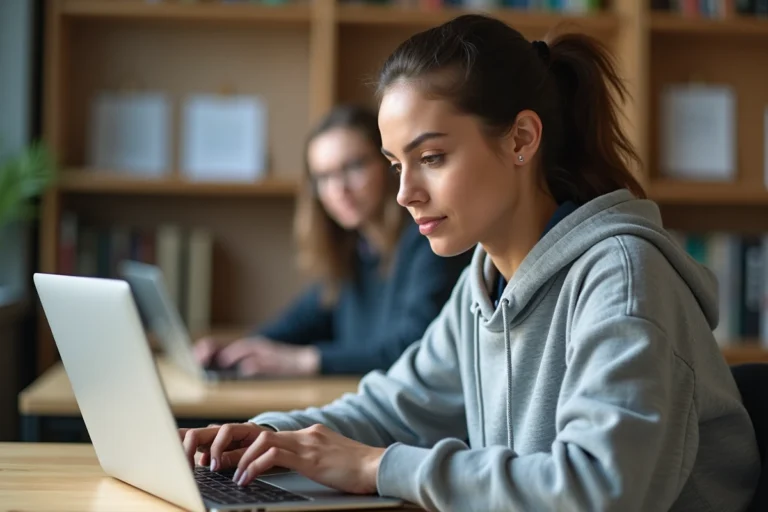 Étudiante utilisant l'ENT CESI sur son ordinateur portable dans une salle d'étude moderne