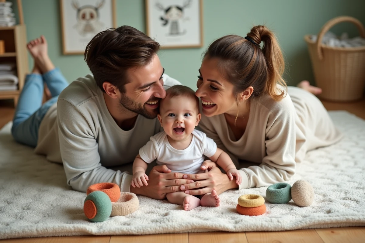 Jeune couple jouant avec leur bébé sur un tapis d'éveil dans une chambre d'enfant apaisante et colorée
