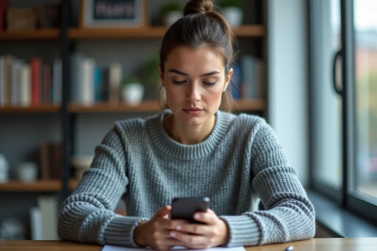 Femme consultant l'actualité internationale en temps réel sur son smartphone dans un bureau à domicile moderne