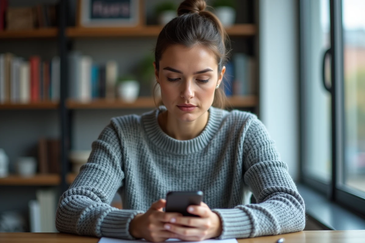 Femme consultant l'actualité internationale en temps réel sur son smartphone dans un bureau à domicile moderne