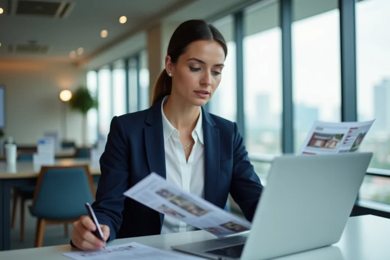 Femme d'affaires en réunion immobiliere dans un bureau moderne