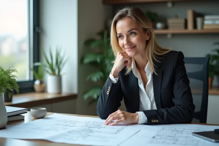 Femme confiante en blazer examine plans architecturaux