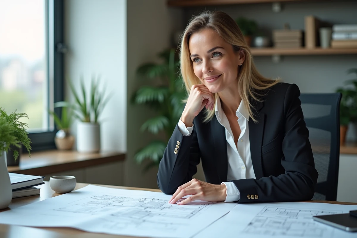 Femme confiante en blazer examine plans architecturaux
