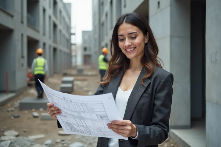 Femme confiante examinant des plans architecturaux sur un chantier