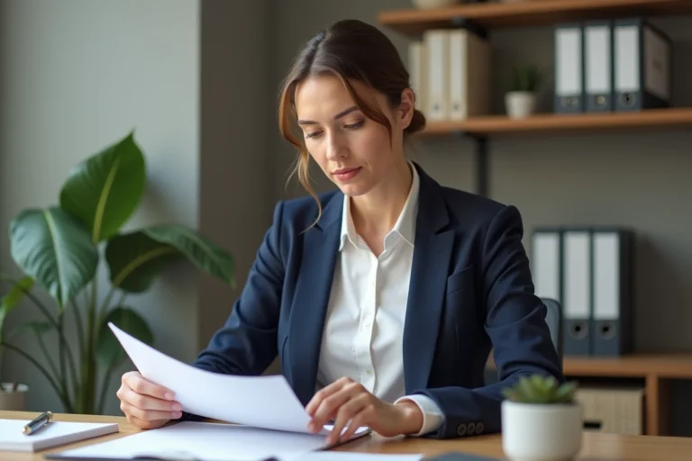 Femme professionnelle en bureau avec documents d'assurance