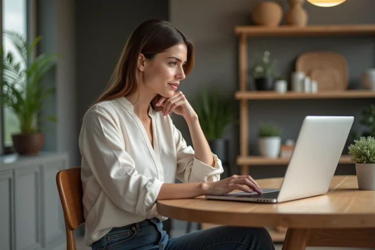Femme en blouse regardant un site déco sur son laptop