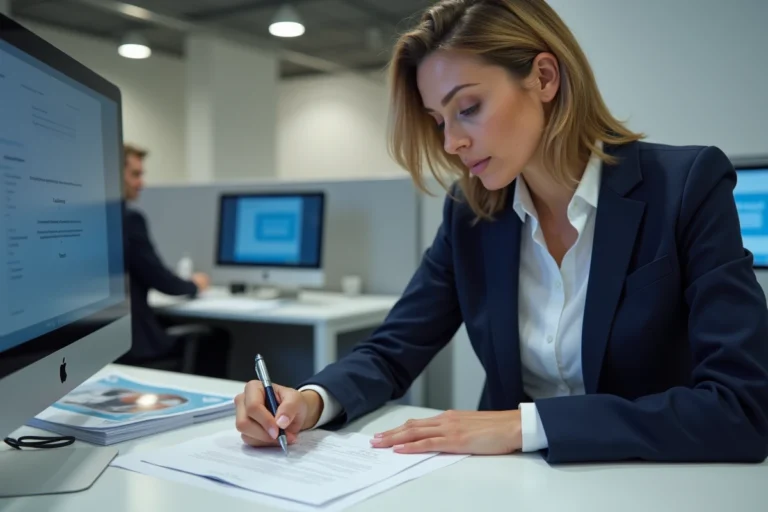 Femme remplissant un dossier France Travail dans une agence administrative en 2026