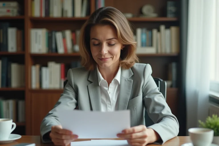 Femme lisant une lettre officielle d'attribution de logement à son bureau à domicile