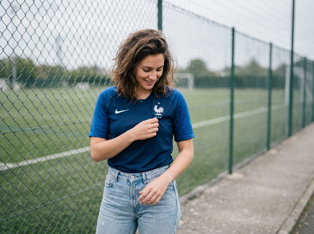 Femme portant un maillot officiel de l'équipe de France près d'un terrain de football, vérifiant l'authenticité du badge