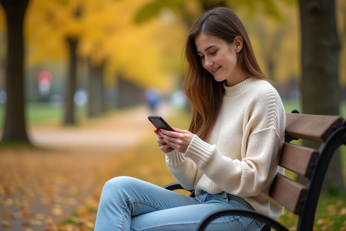 Une femme souriante qui lit un message sur son téléphone dans un parc en automne, évoquant la réception d'un compliment affectueux comme 'ma belle'