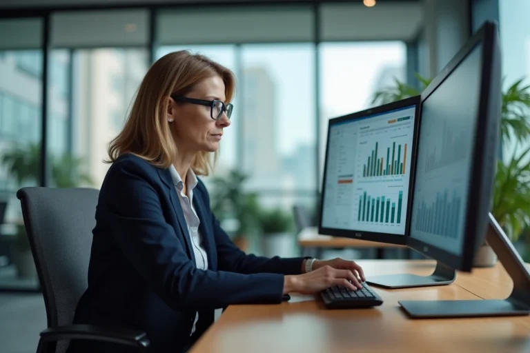 Femme professionnelle utilisant des logiciels bureautiques sur double écran dans un bureau moderne