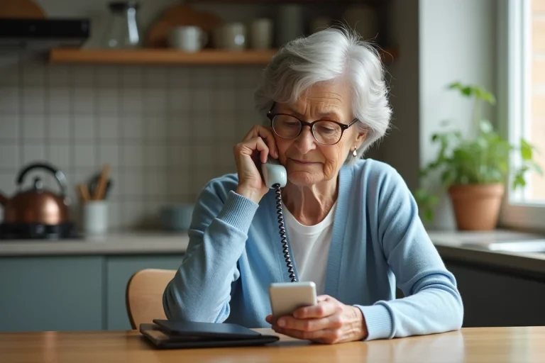 Femme senior lisant un téléphone Dorostyle dans la cuisine
