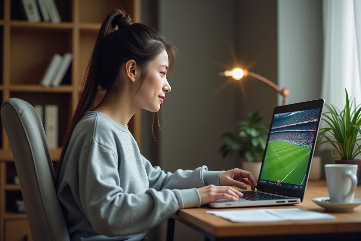 Femme regardant un match de football en streaming sur un ordinateur portable dans un bureau à domicile
