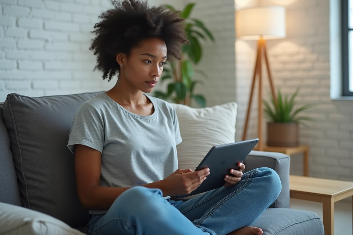Femme consultant une interface de téléchargement en ligne sur une tablette depuis son salon moderne