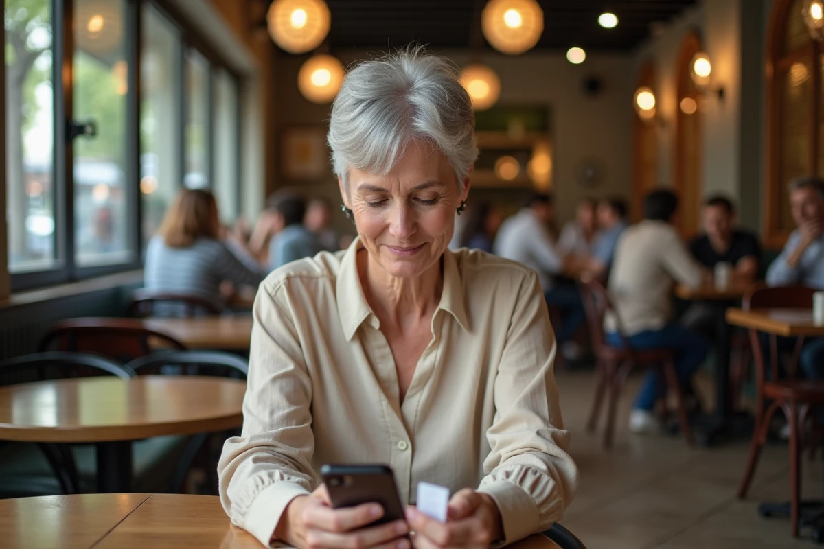 Femme vérifiant ses numéros Keno du soir sur smartphone dans un café français