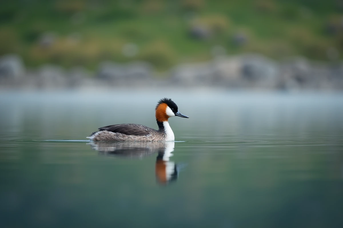 Grèbe huppé nageant sur le lac d'Aiguebelette, reflet dans l'eau calme