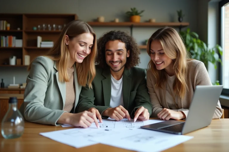 Groupe de trois adultes autour d'une table examinant des documents de prêt immobilier collectif dans un appartement moderne