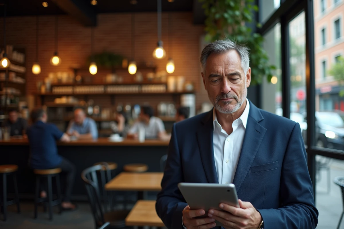 Homem de negócios lendo um fluxo de notícias locais e internacionais em um tablet em um café urbano