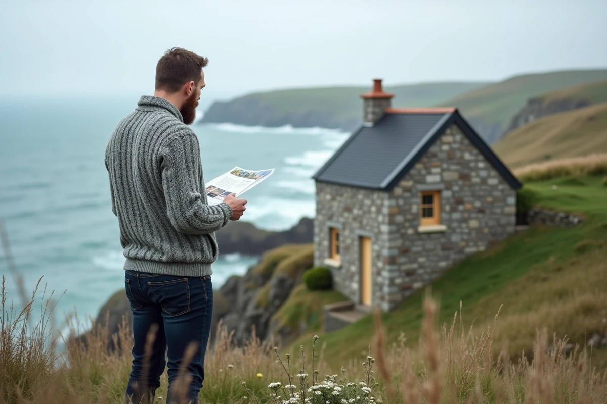 Homme consultant une annonce immobilière face à un cottage en pierre sur les falaises bretonnes