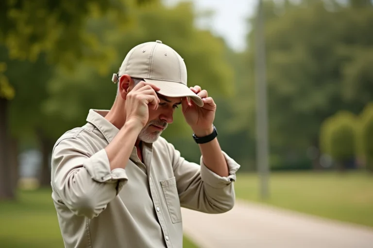 Homme chauve d'une cinquantaine d'années ajustant sa casquette beige anti-UV dans un parc urbain ensoleillé