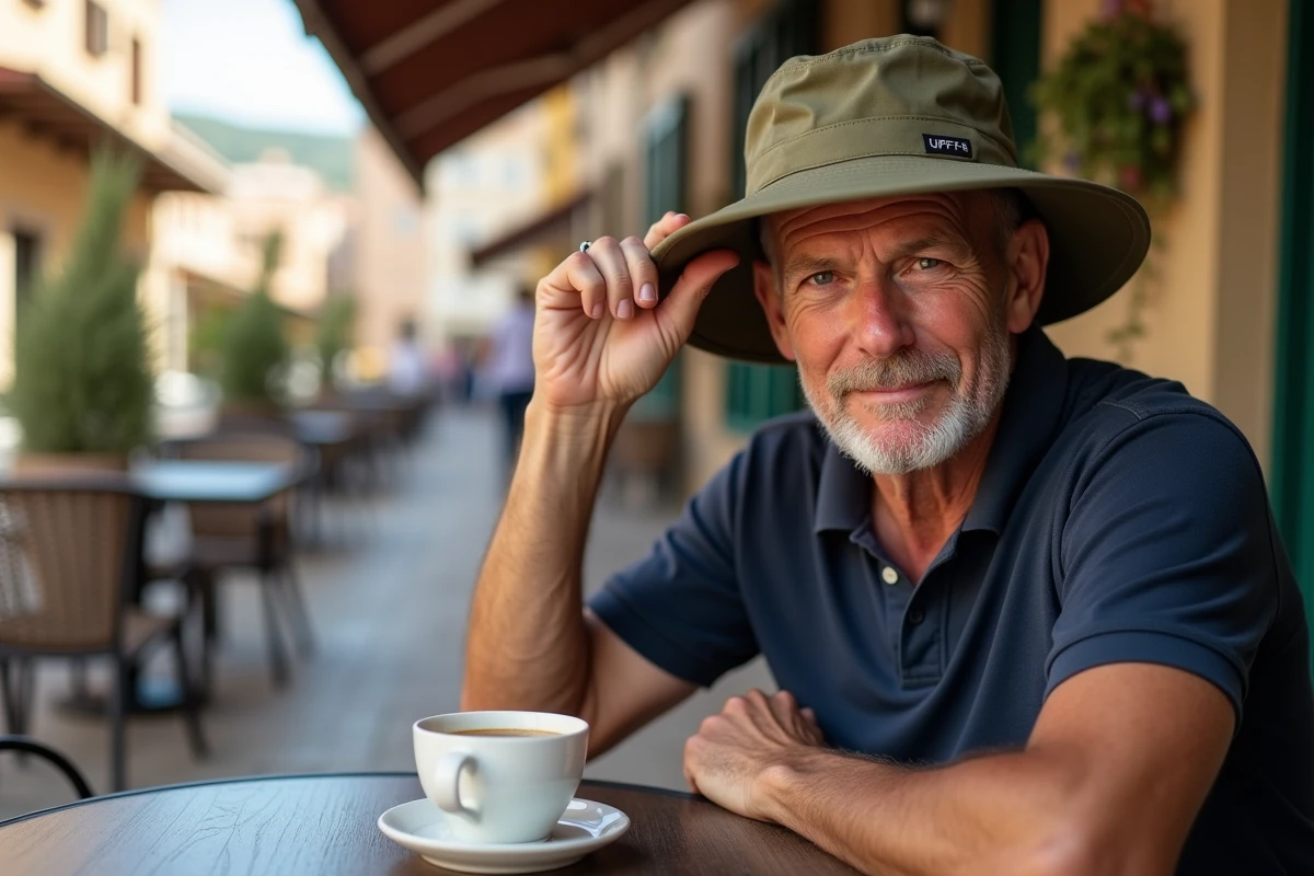 Homme chauve senior portant un chapeau bob anti-UV olive en terrasse de café méditerranéen