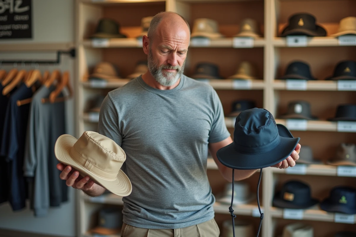 Homme chauve comparant deux casquettes anti-UV dans un magasin de sport, chapeau à large bord et casquette technique
